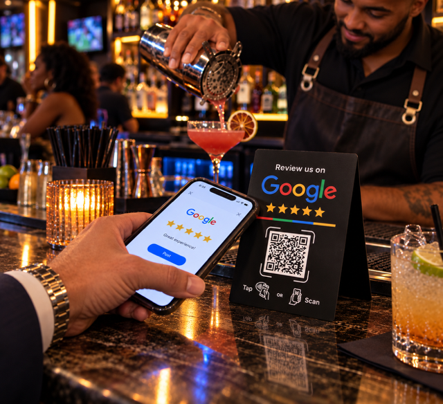 Black “Review us on Google” card standing on a bar counter, with a QR code and “Tap or Scan” icons, beside a phone showing a Google review screen.
